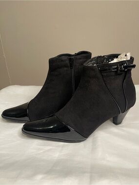 Women's Black Ankle Heeled Boots with Patent Cap Toe